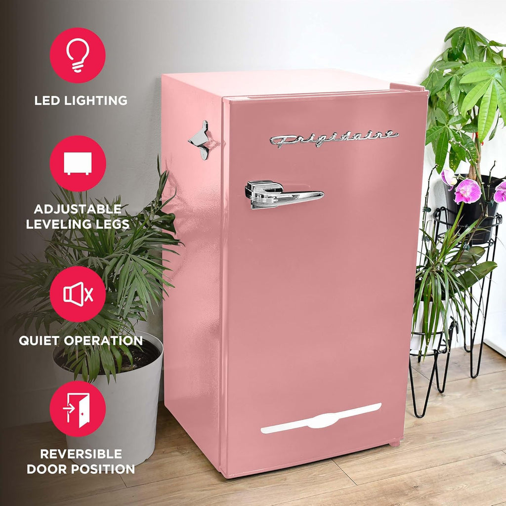 Frigidaire EFR376 Retro Bar Fridge Refrigerator with Side Bottle Opener, 3.2 cu. Ft, Pink/Coral