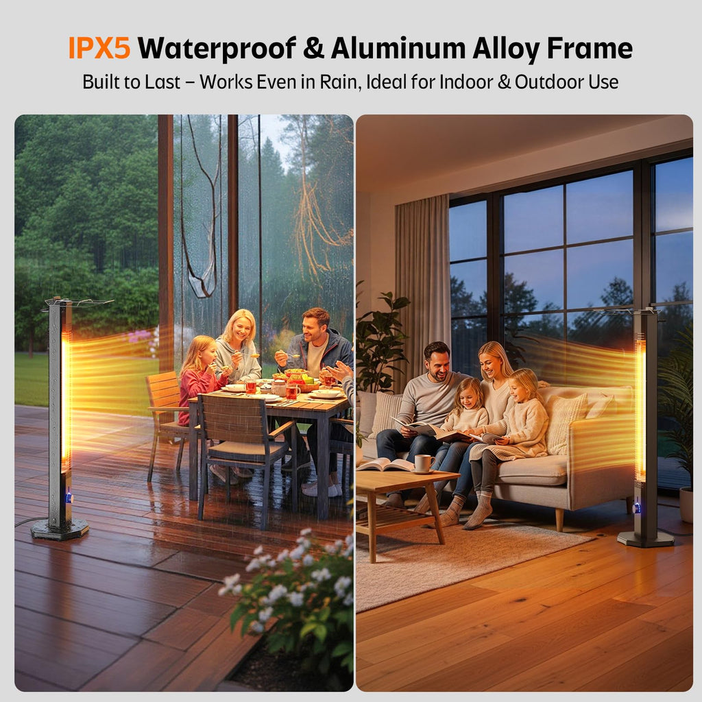Outdoor Electric Patio Heater, 42-inch 1500W Infrared Tower Heater with 9 Heat Settings & 9H Timer, IPX5 Waterproof, Safety Lock, Tip-Over & Overheat