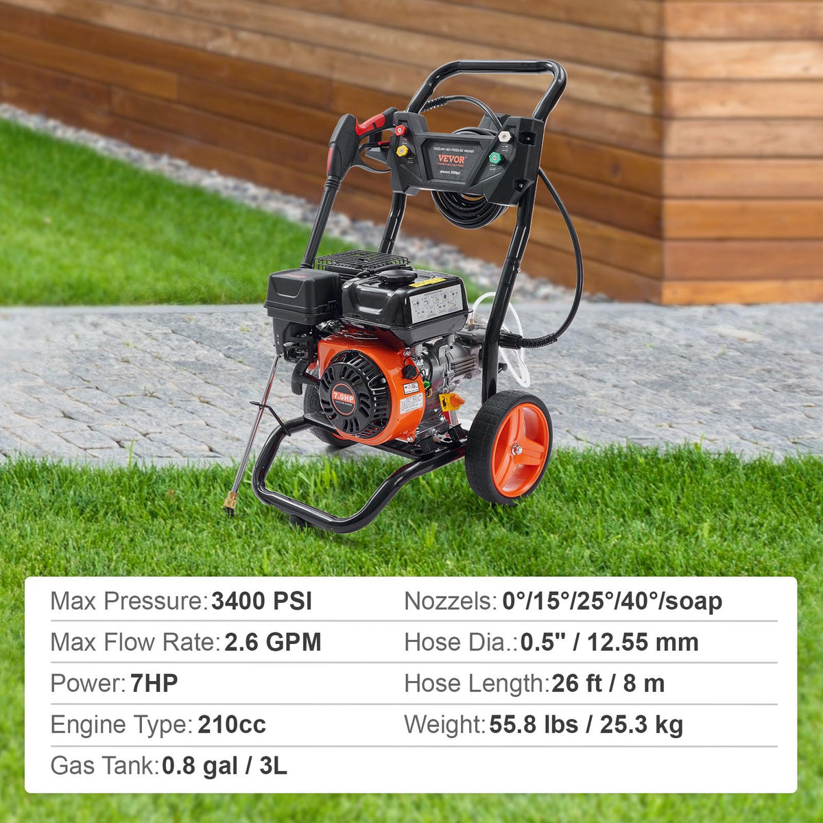 VEVOR Gas Powered Pressure Washer 3400 PSI 2.6 GPM, with Spray Gun and Extension Wand, 5 Quick Connect Nozzles, Copper Pump