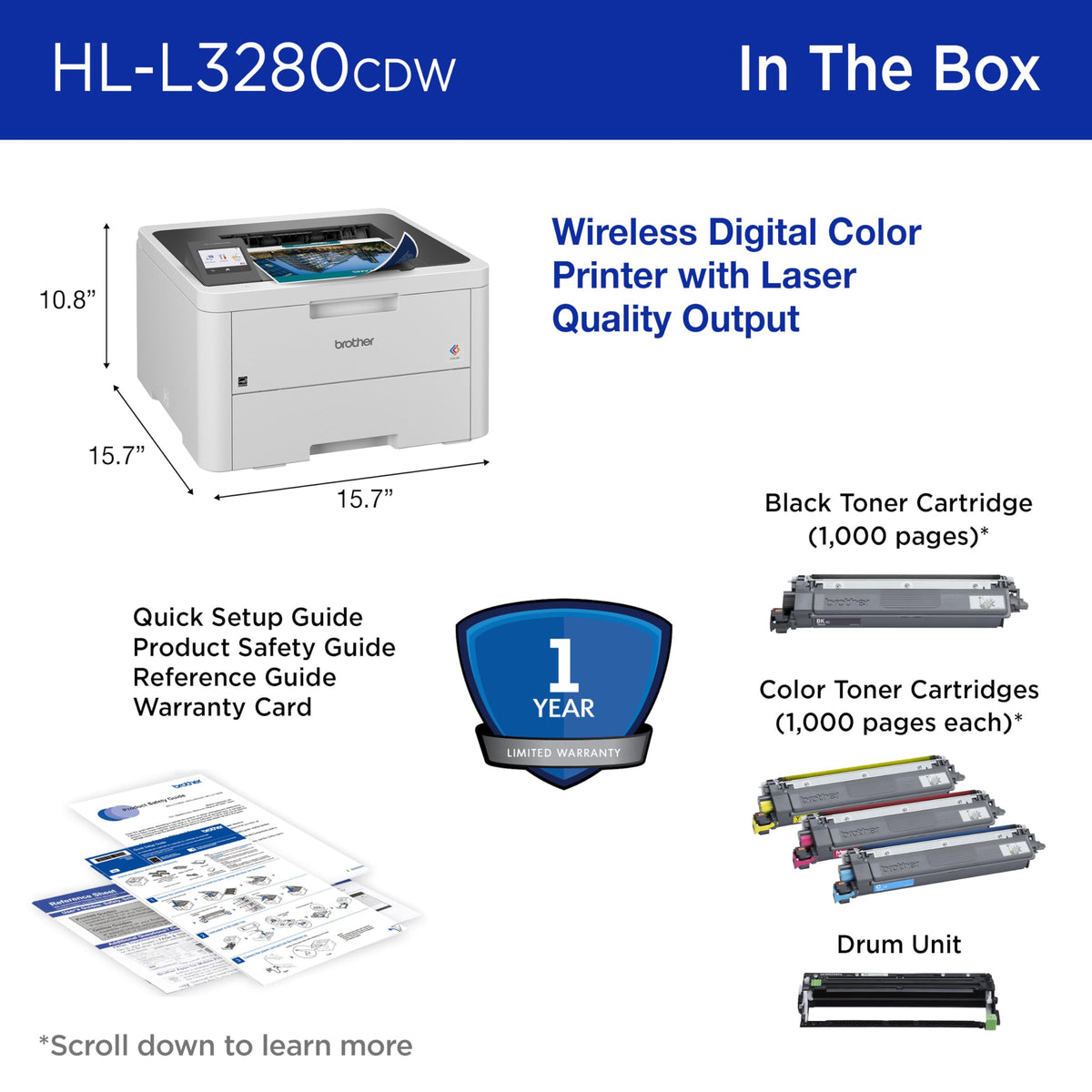 Brother HL-L3280CDW Wireless Compact Digital Color Printer with Laser Quality Output, Duplex, Mobile Printing & Ethernet | Includes 2 Month Refresh