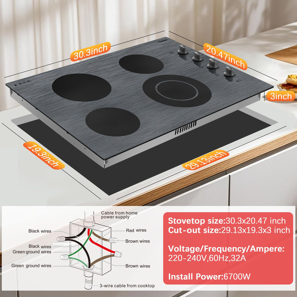 Karinear Electric Cooktop 24 Inch, 4 Burners Electric Stove Knob Control, Built-in Ceramic Cooktop with Beautiful Woodgrain Pattern Glass Surface