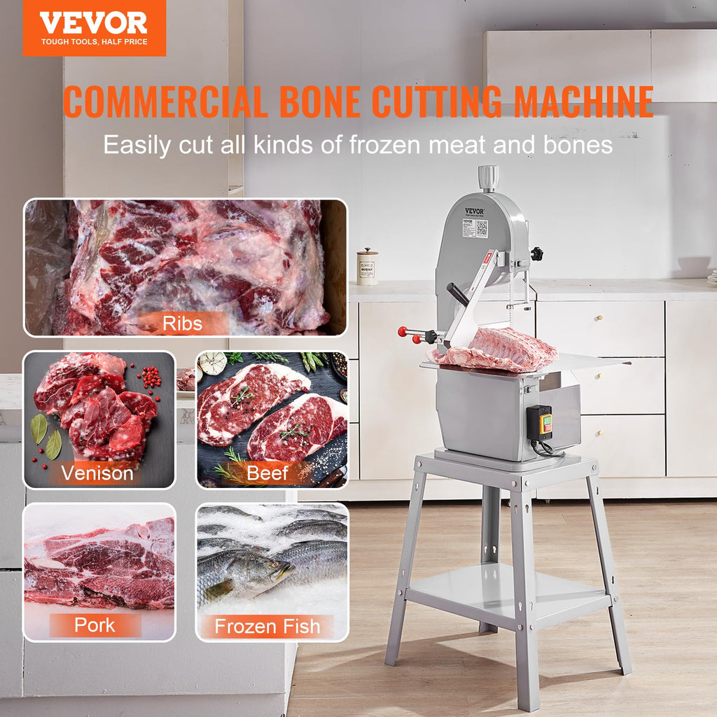Commercial Electric Meat Bandsaw, 1500W Stainless Steel Countertop Bone Sawing Machine, Workbeach 19.3" x 15", 0.16-7.9 Inch Cutting Thickness