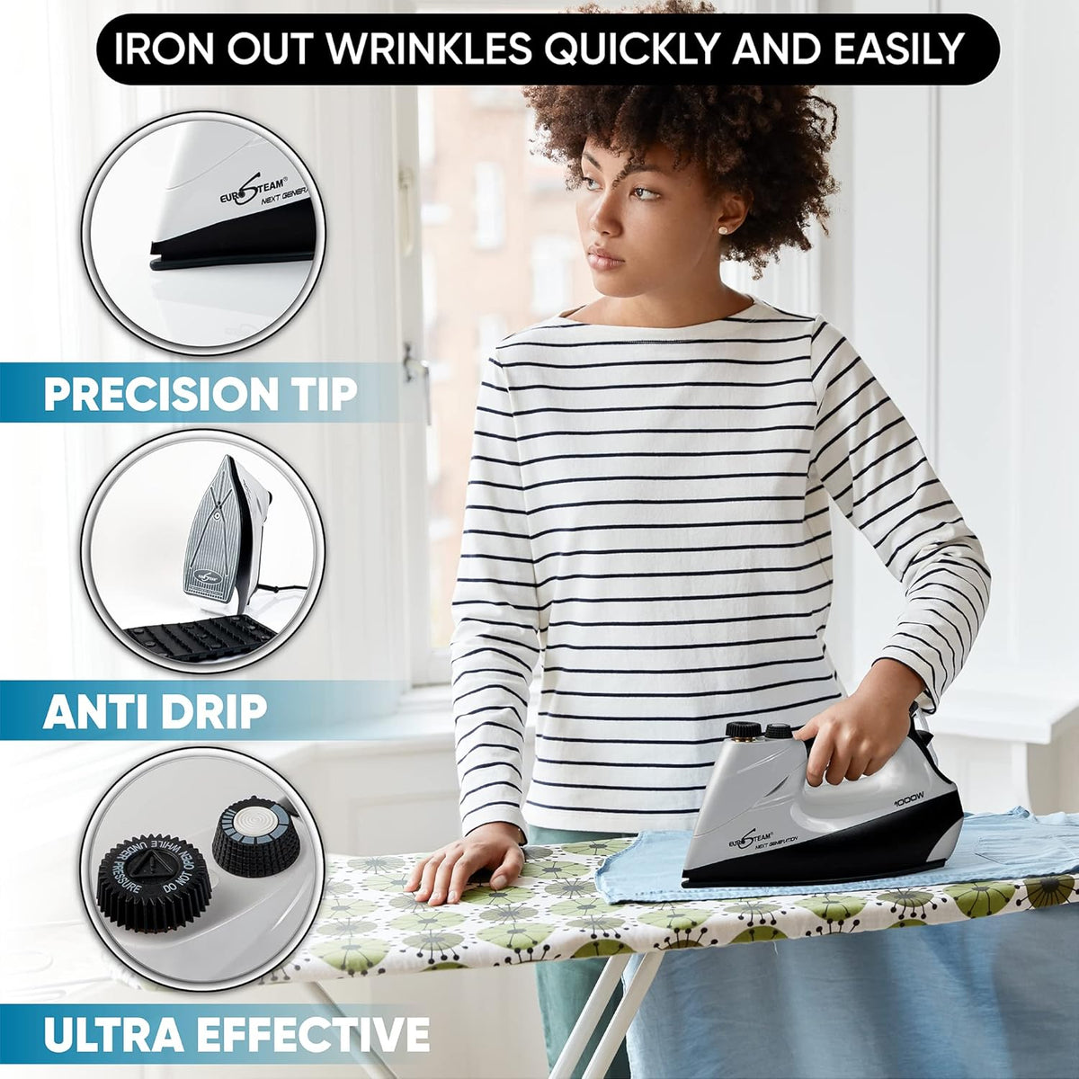 Eurosteam Next Generation Iron - Powerful Steam with Built-in Boiler - No Temperature Setting for All Fabrics - Experience Professional-Quality