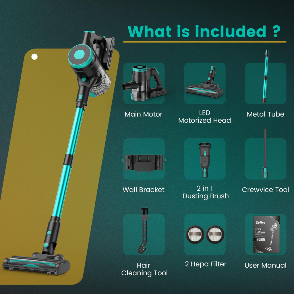 Zefiro Cordless Vacuum Cleaner for Home,45Mins Runtime Stick Vacuum Cleaners, Anti-Tangle and 1.5L Dust Cup, Lightweight Vacuum for Hardwood Floor