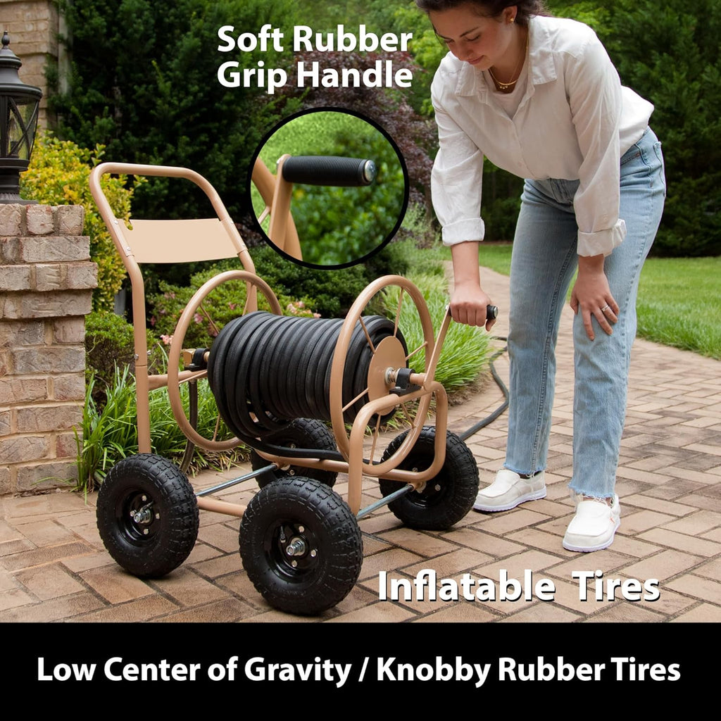 Liberty Garden Industrial 4 Wheel 300 Foot of 0.625 Inch Hose Steel Frame Water Hose Reel Cart for Backyard, Garden, or Lawn, Beige