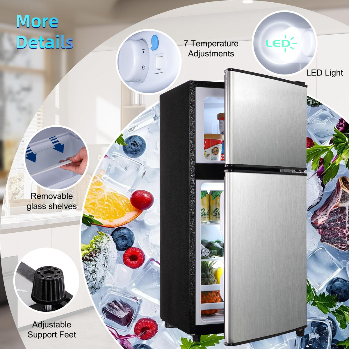 3.3 Cu. Ft. Mini Fridge with Freezer, Compact Refrigerator with Adjustable 7-Level Thermostat, Dorm Fridge for Kichen, RV, Office, Apartment, Black