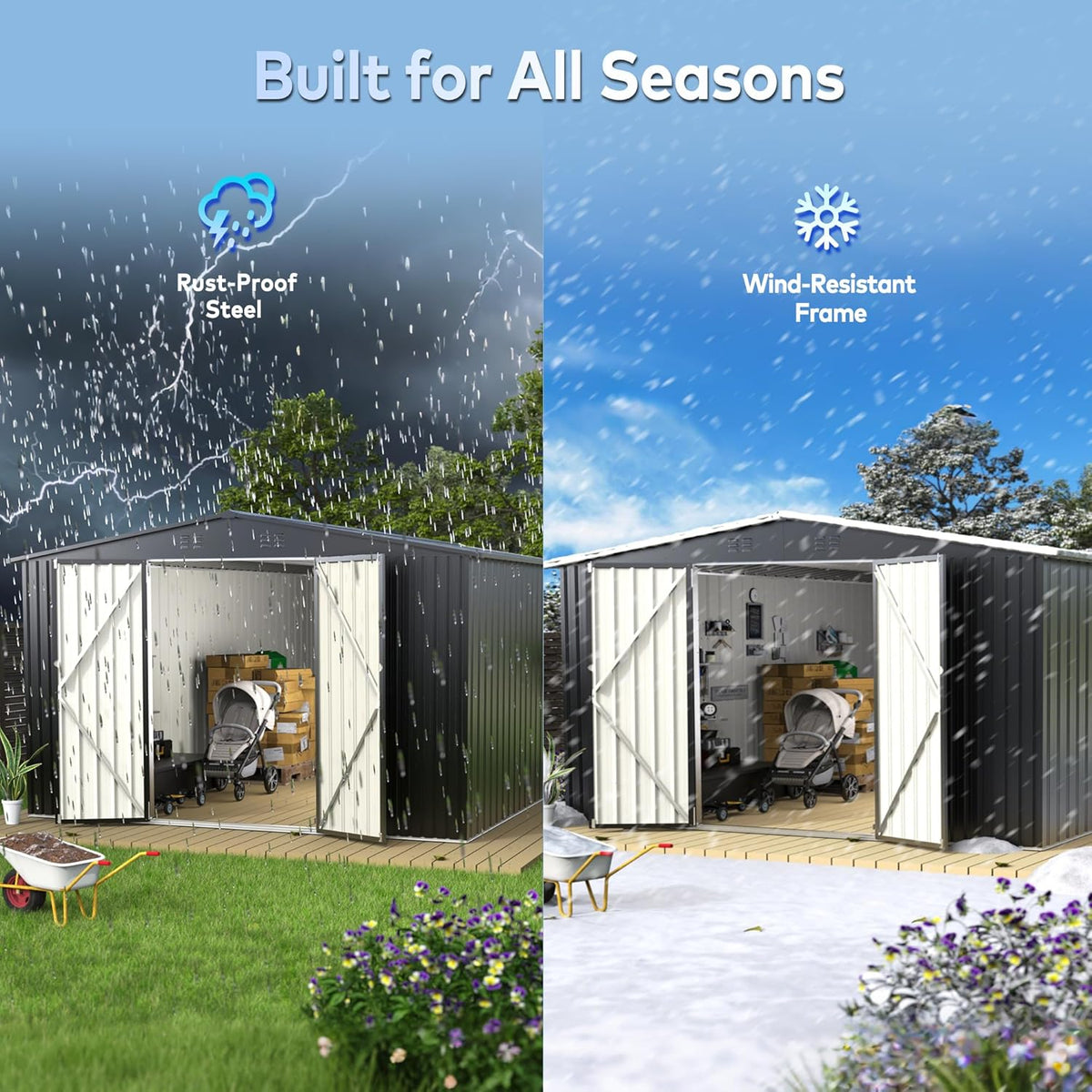 14 x 12FT Outdoor Storage Shed, Metal Waterproof Storage Shed Steel Utility Garden Tool Shed with Door & Lock Outdoor Storage,All-Weather Shelter for
