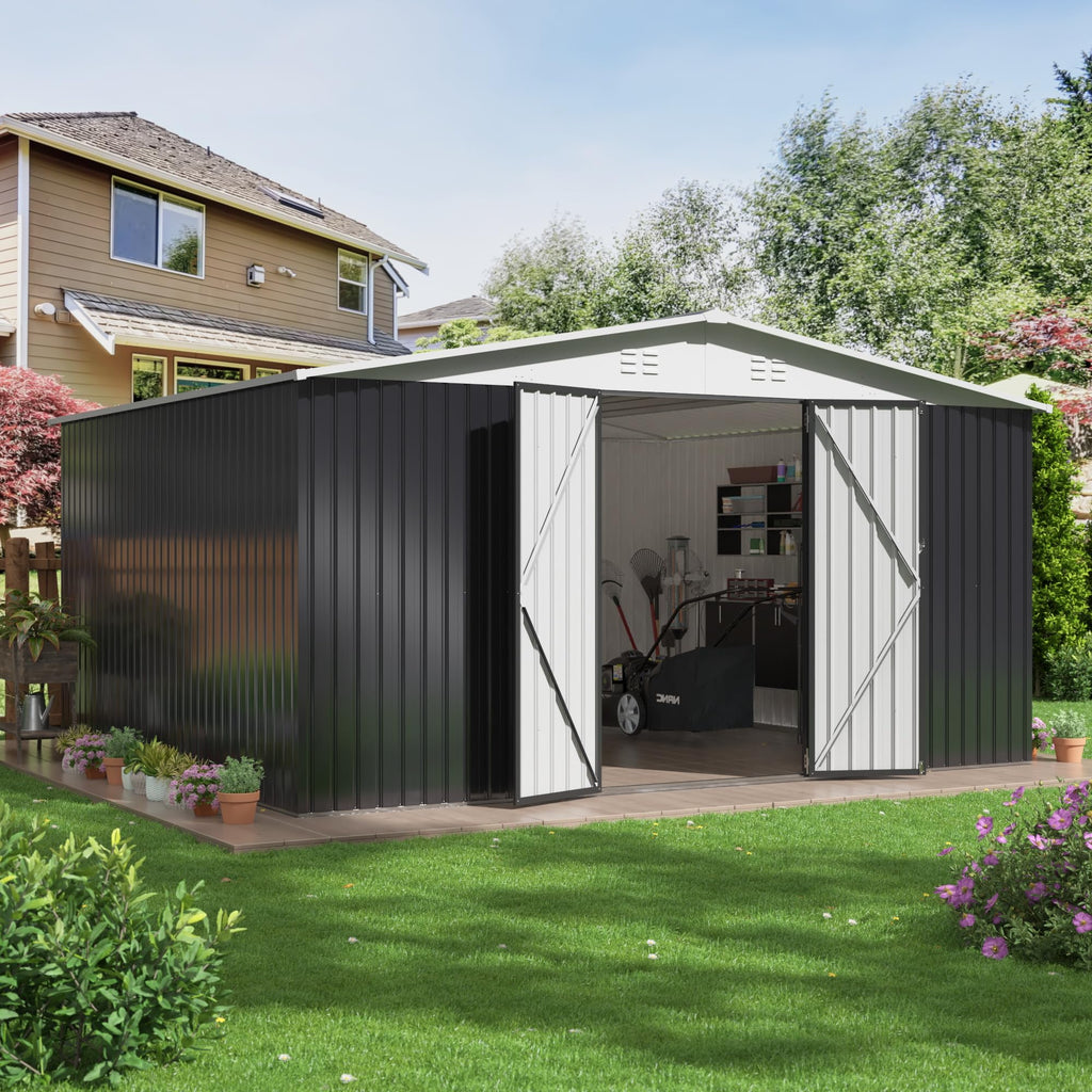 Polar Aurora 12x14 FT Outdoor Storage Shed, Garden Shed with Updated Frame Structure and Lockable Doors, Metal Tool Sheds for Backyard Garden Patio
