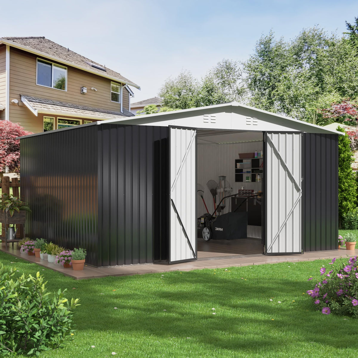 Polar Aurora 12x14 FT Outdoor Storage Shed, Garden Shed with Updated Frame Structure and Lockable Doors, Metal Tool Sheds for Backyard Garden Patio