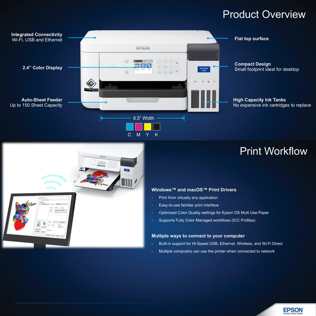 Epson SureColor F170 Dye-Sublimation Printer C Compact 8.5" x 11" Format C Includes Genuine Epson Ink, User Guide & Power Cable C Original OEM
