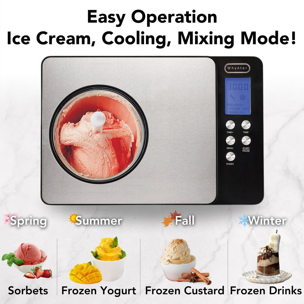 Whynter Ice Cream Maker Machine Automatic 2.1 Qt. with Built-In Compressor, LCD Digital Display & Timer, No Pre-Freezing, ICM-200LS, Stainless Steel