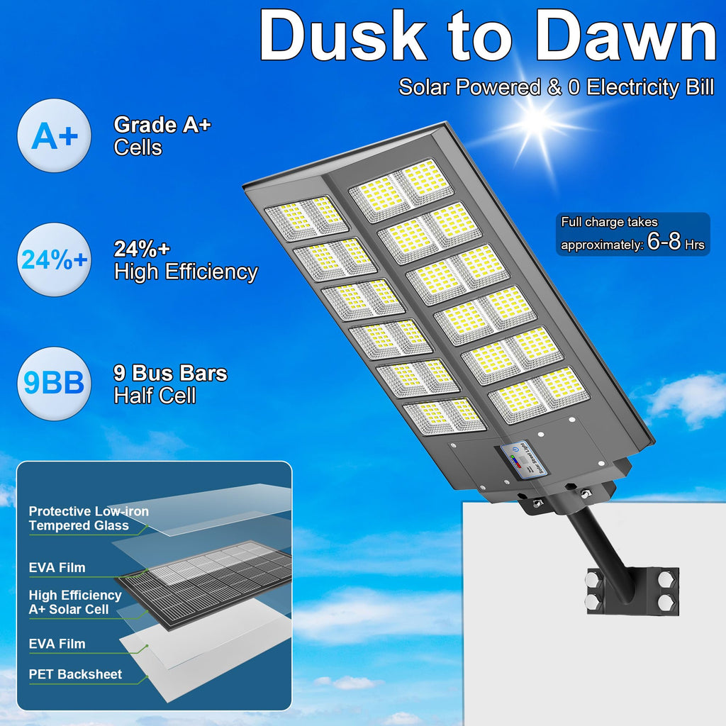 Solar Street Lights Outdoor Waterproof Dusk to Dawn, Large 9000W Outdoor Floodlight LED Motion Sensor, 7000K Wide Angle Parking Lot Flood Lamp Remote