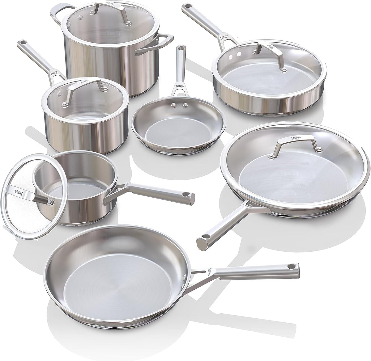 Ninja EverClad Stainless Steel Cookware 12 Piece Pots & Pans Set, All Stovetops & Induction, Oven Safe to 600F, Tri-Ply Commercial-Grade, C99012