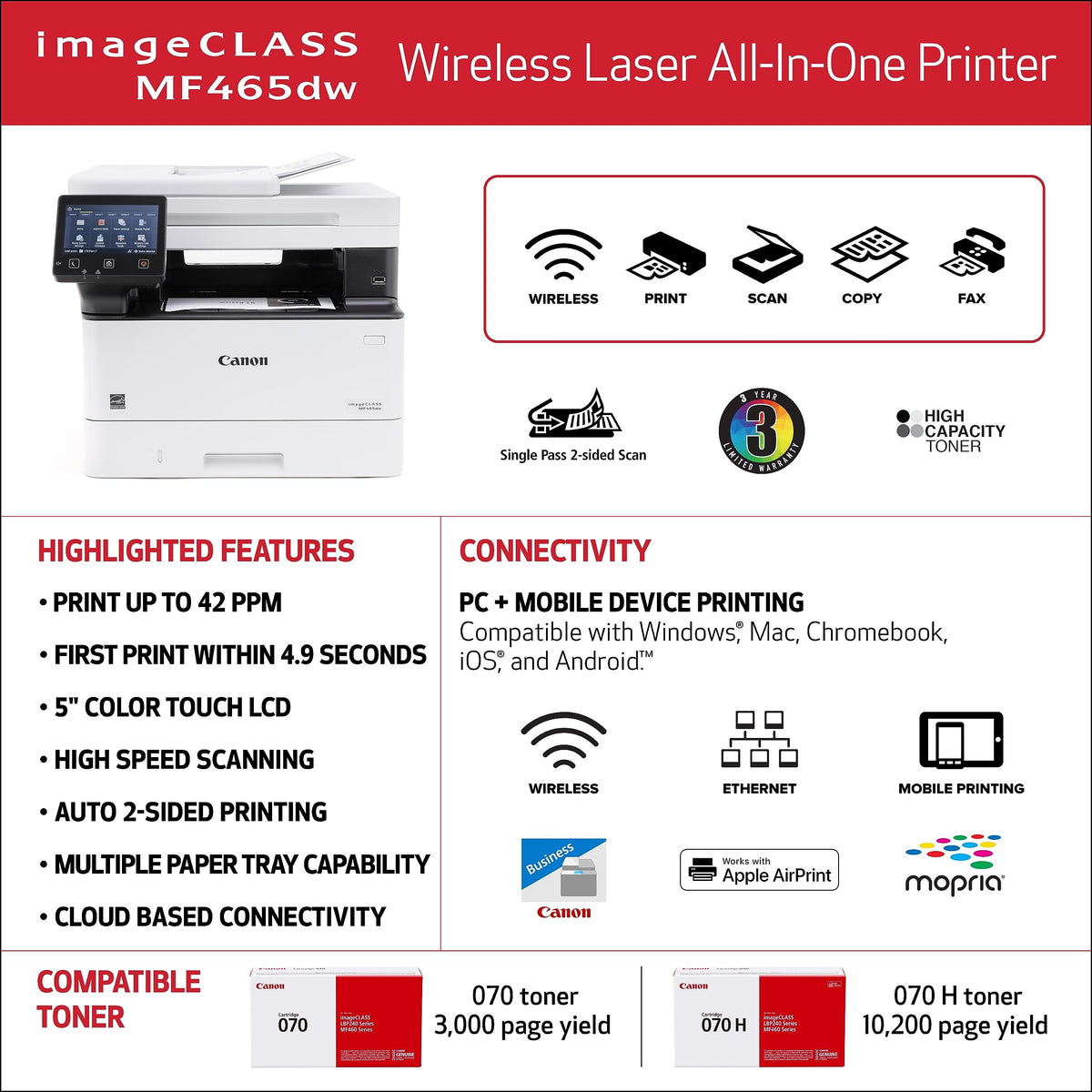 Canon imageCLASS MF465dw II - Wireless Duplex Laser Printer with Print, Copy, Scan, Fax, Expandable Paper Capacity and 3 Year Limited Warranty, 42 PPM
