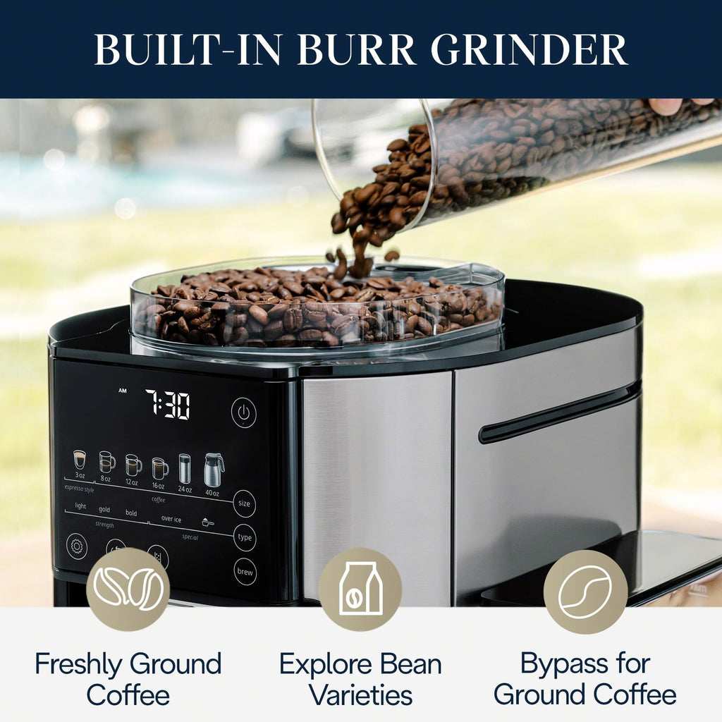 De'Longhi True Brew Drip Coffee Maker, Built in Grinder, Single Serve, 8 oz to 24 oz, Hot or Iced Coffee, Stainless, CAM51025MB