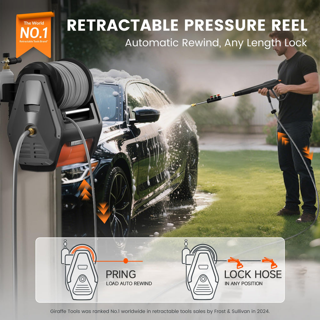 Giraffe Tools Grandfalls Retractable Wall Mount Pressure Washer Plus, Max 2900PSI 2.2 GPM, Electric Power Washer with 100ft Pressure Hose for Car