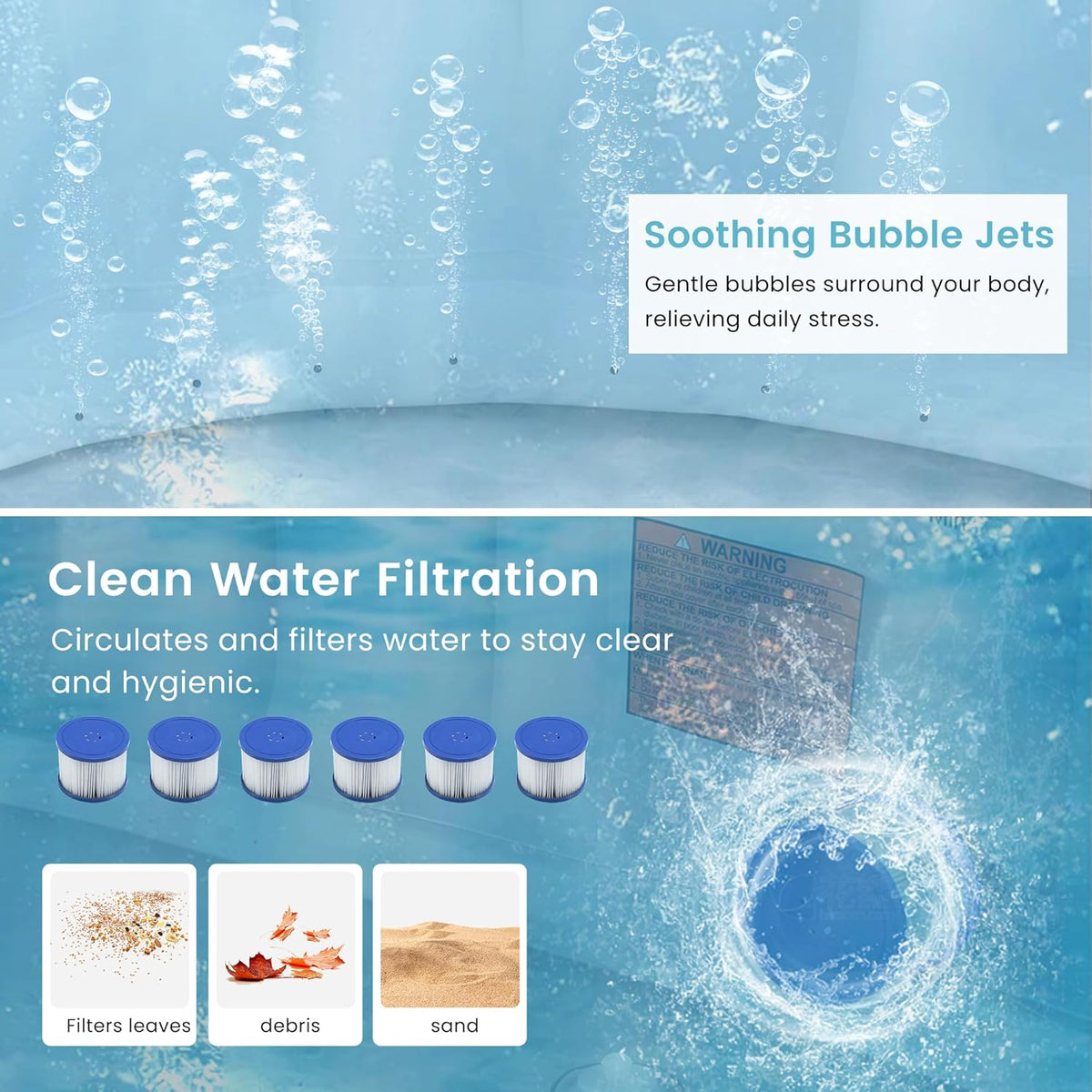 Inflatable Hot Tub Spa for 2C6 Persons, Outdoor Portable Jacuzzi with 1350W Heater & Bubble Massage System, 104F Fast Heating, Insulated Cover, Easy