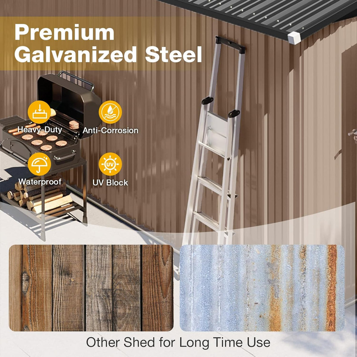 10x12 FT Outdoor Storage Shed with Floor Foundation & Lockable Double Doors, Heavy-Duty Galvanized Steel Outdoor Metal Shed for Bike, Tool Storage in