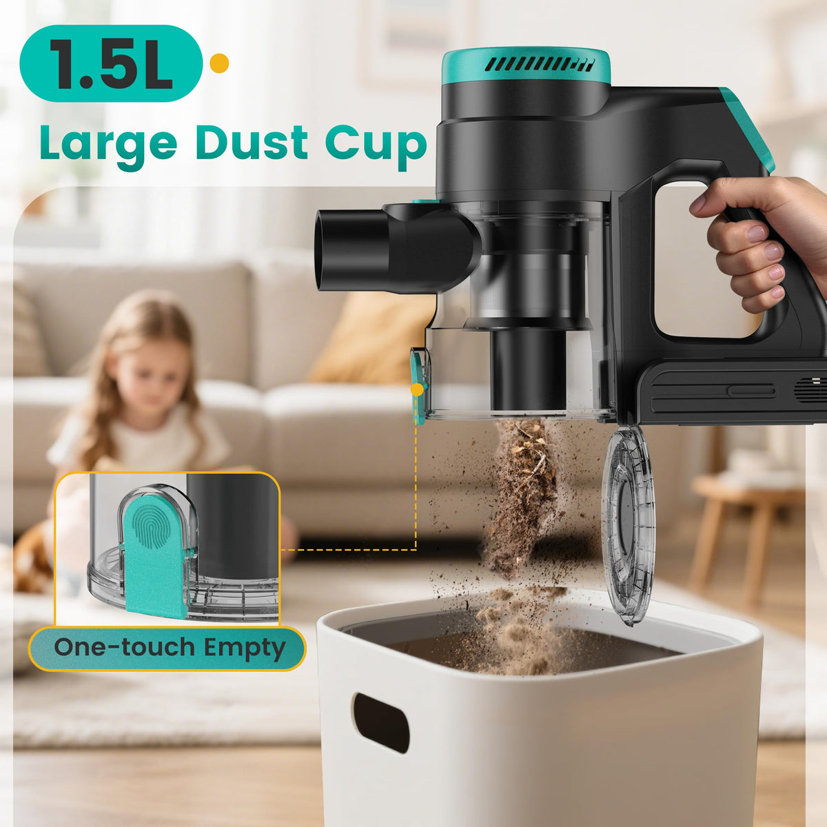Zefiro Cordless Vacuum Cleaner for Home,45Mins Runtime Stick Vacuum Cleaners, Anti-Tangle and 1.5L Dust Cup, Lightweight Vacuum for Hardwood Floor