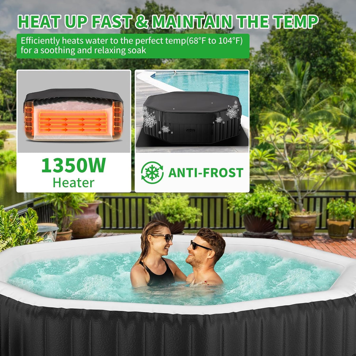 Inflatable Hot Tub, 4-6 Person Polygon Portable Blow Up Hot Tub, Leak-Proof PVC Outdoor Spa with 130 Strong Air Jets, Heater Pump and Insulated Cover