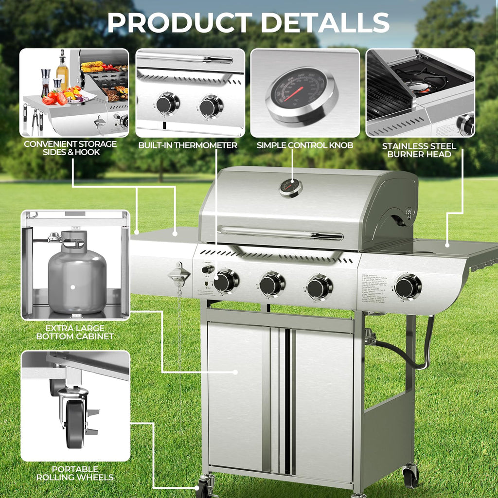 3-Burner Propane Gas Grill with Side Burner C 34,000 BTU Stainless Steel Outdoor BBQ Grill, Cast Iron Grates, Portable with Wheels for Patio, Camping