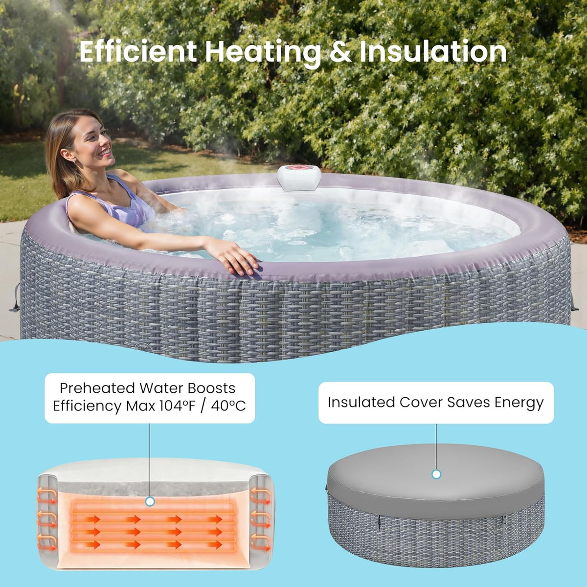Inflatable Hot Tub Spa for 2C6 Persons, Outdoor Portable Jacuzzi with 1350W Heater & Bubble Massage System, 104F Fast Heating, Insulated Cover, Easy