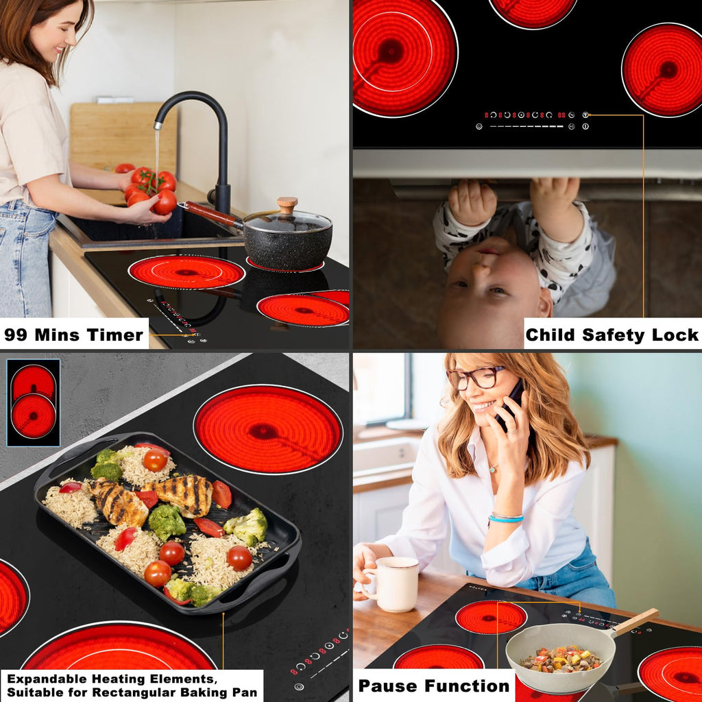 Noxton 30 Inch Electric Cooktop, 8400W 5 Burners Built-in Radiant Electric Stove Top, Slider Control, 9 Power Levels, Child Safety Lock, Timer, 220