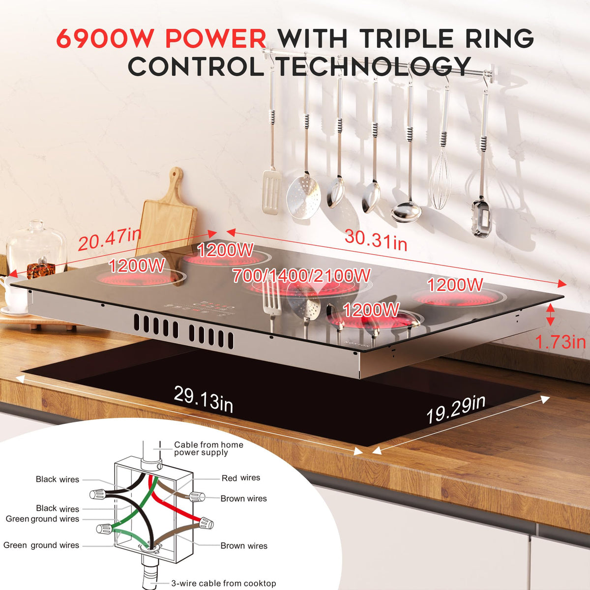 Noxton 30 Inch Electric Cooktop, 8400W 5 Burners Built-in Radiant Electric Stove Top, Slider Control, 9 Power Levels, Child Safety Lock, Timer, 220