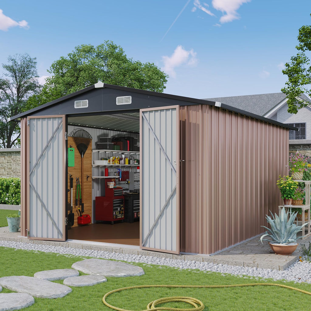 Aoxun 7.4x5.3FT Shed with Floor Galvanized Steel Outdoor Storage Shed Metal Garden Shed with Double Doors, 15mm Moisture-Proof Floor & Ventilation