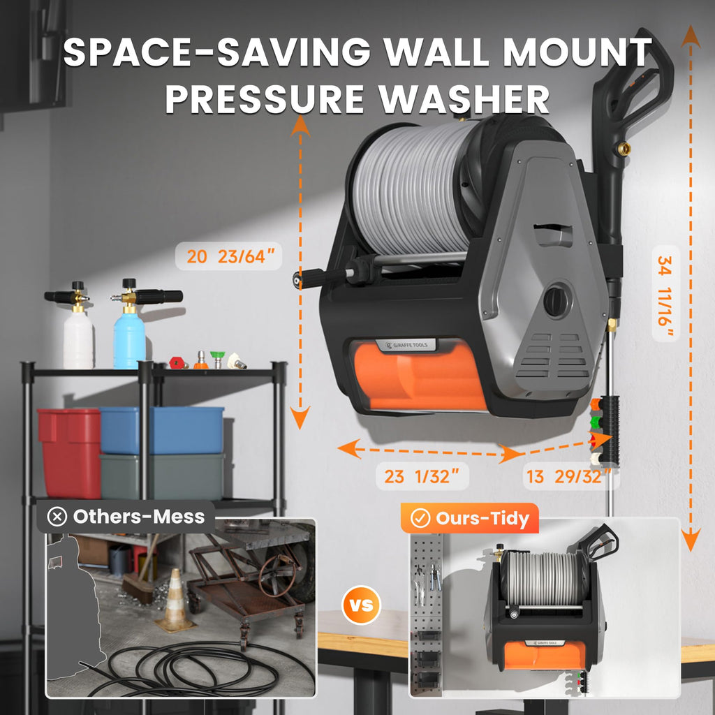 Giraffe Tools Grandfalls Retractable Wall Mount Pressure Washer Plus, Max 2900PSI 2.2 GPM, Electric Power Washer with 100ft Pressure Hose for Car