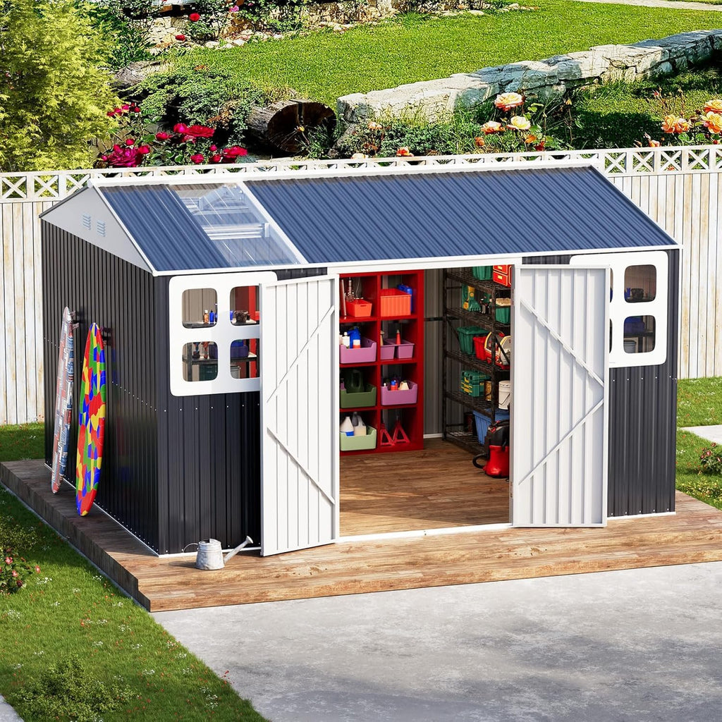 10x12 FT Metal Outdoor Storaged Shed with Floor Base Waterproof Heavy Duty Reinforced Frame with Unique Clear Roof Skyview Windows Air Vent for