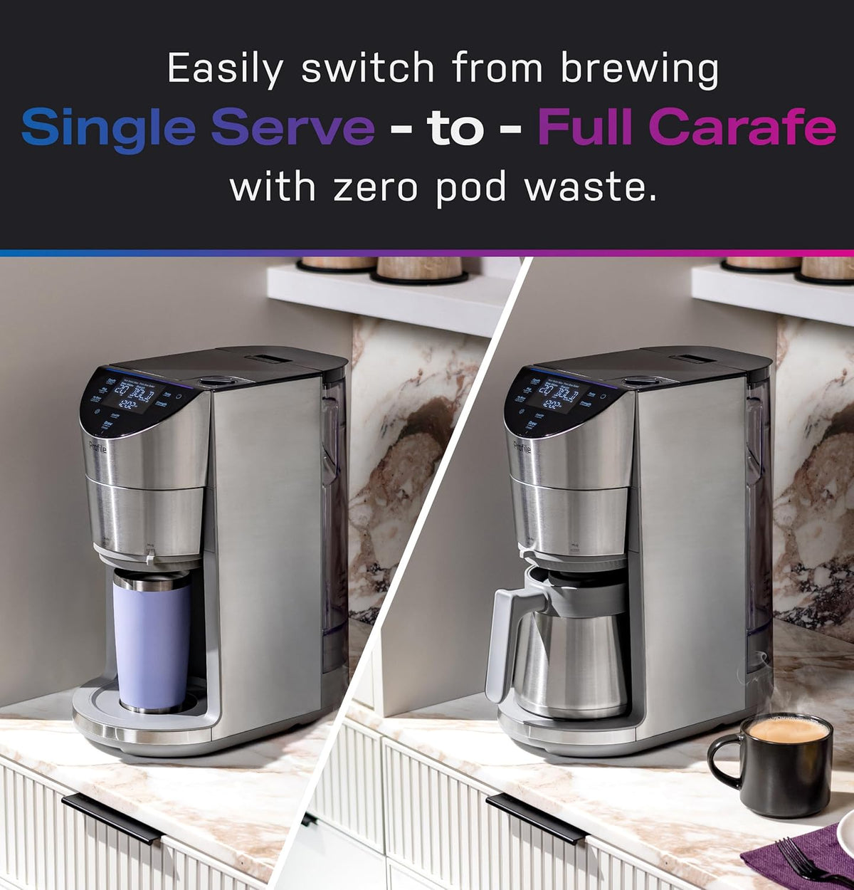 GE Profile Smart Grind & Brew Coffee Maker w/Podless Single Serve, 90oz Water Reservoir, 10 Cup Thermal Carafe, Voice Control, Adjustable Burr