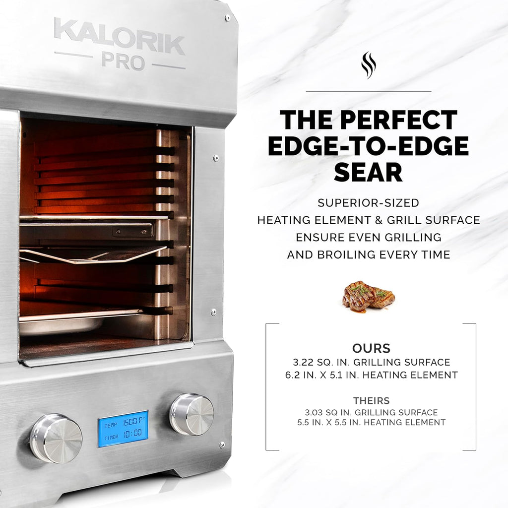 Kalorik Steakhouse Grill Pro Electric Broiler, 1500F Stainless Steel Steak Cooker with 2 Grill Plates, Electric Grill for BBQ Burgers & Fish, 1600