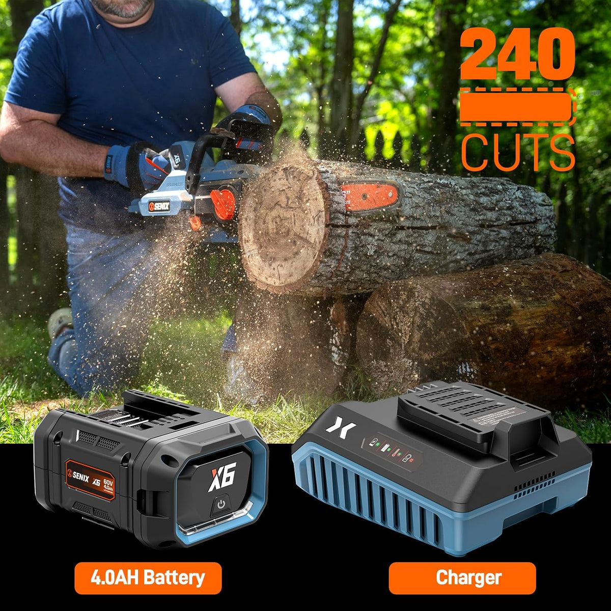 SENIX Chainsaw|60V 16" Battery Chainsaw|Brushless Electric Chainsaws|Cordless Chain Saw with 4Ah Battery & Charger|Garden Tool for Trees, Pruning