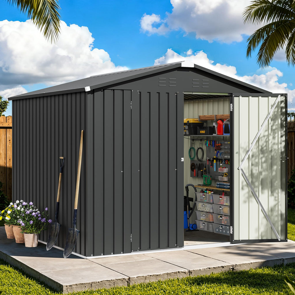 Patiowell 8x8 FT Outdoor Storage Shed, Heavy Duty Tool Metal Sheds with Lockable Doors and Updated Frame Structure for Backyard Patio Lawn, Black