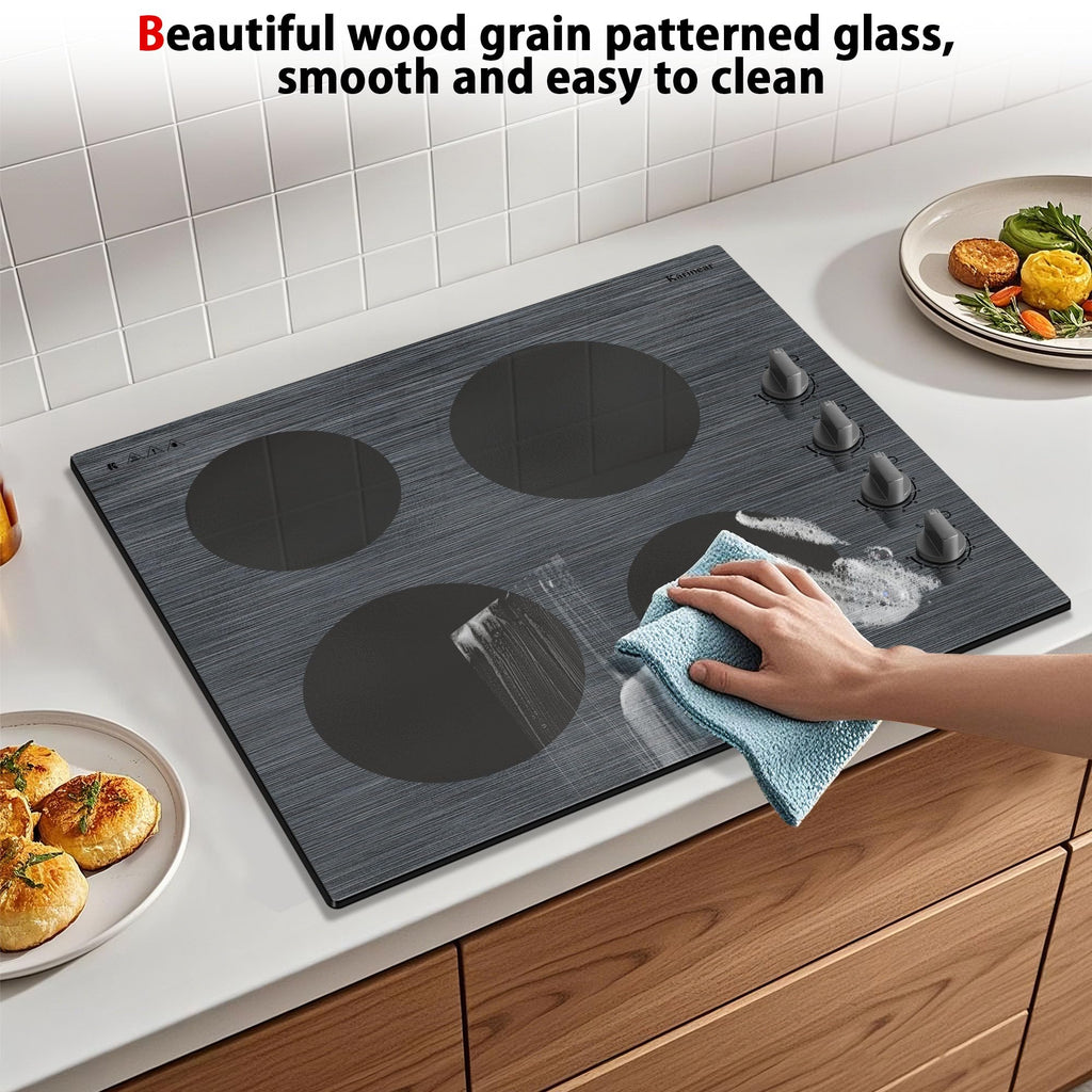 Karinear Electric Cooktop 24 Inch, 4 Burners Electric Stove Knob Control, Built-in Ceramic Cooktop with Beautiful Woodgrain Pattern Glass Surface