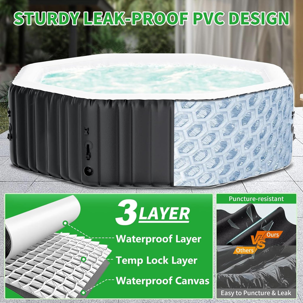 Inflatable Hot Tub, 4-6 Person Polygon Portable Blow Up Hot Tub, Leak-Proof PVC Outdoor Spa with 130 Strong Air Jets, Heater Pump and Insulated Cover