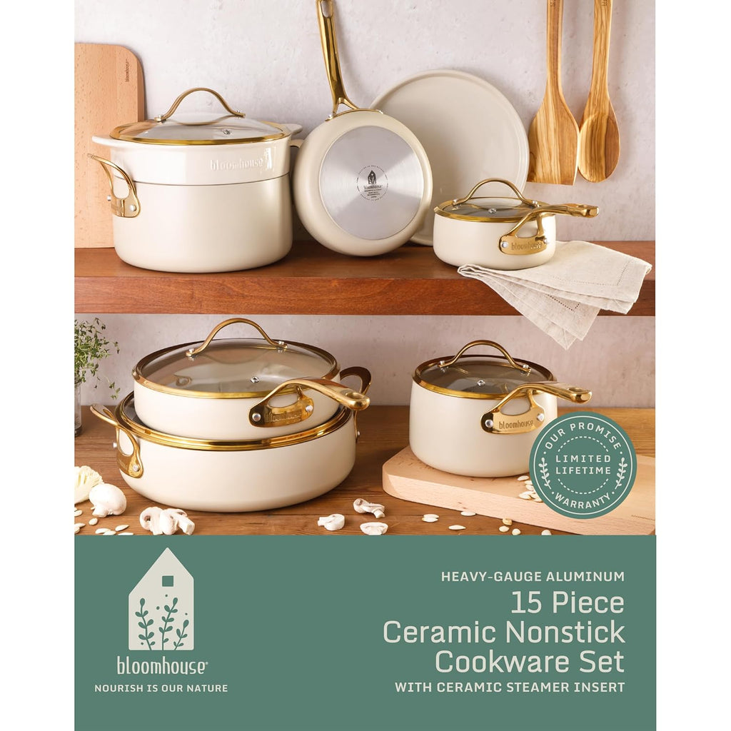bloomhouse - Two Time Oprah's Favorite Things Winner - 15 Piece Pots and Pans Heavy Duty Aluminum Premium PFA Free Ceramic Nonstick Cookware Set