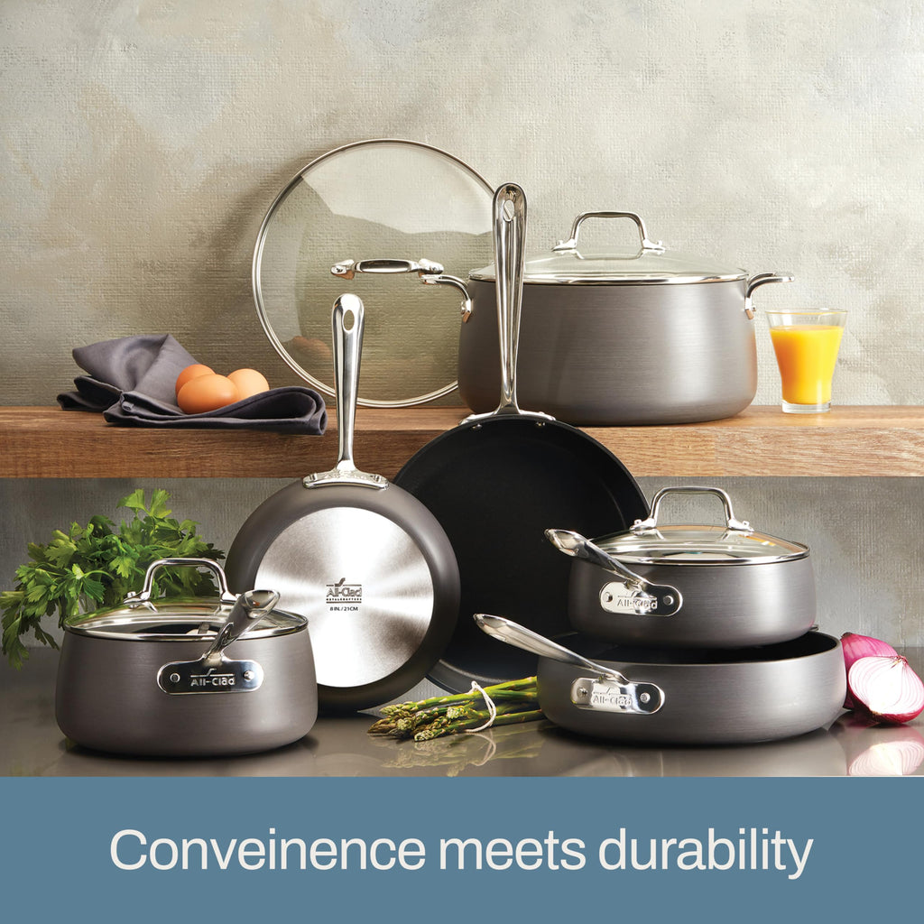 All-Clad HA1 Hard Anodized Nonstick Pots and Pans Set Non Stick Cookware Sets, Oven Broiler Safe 500F, Black