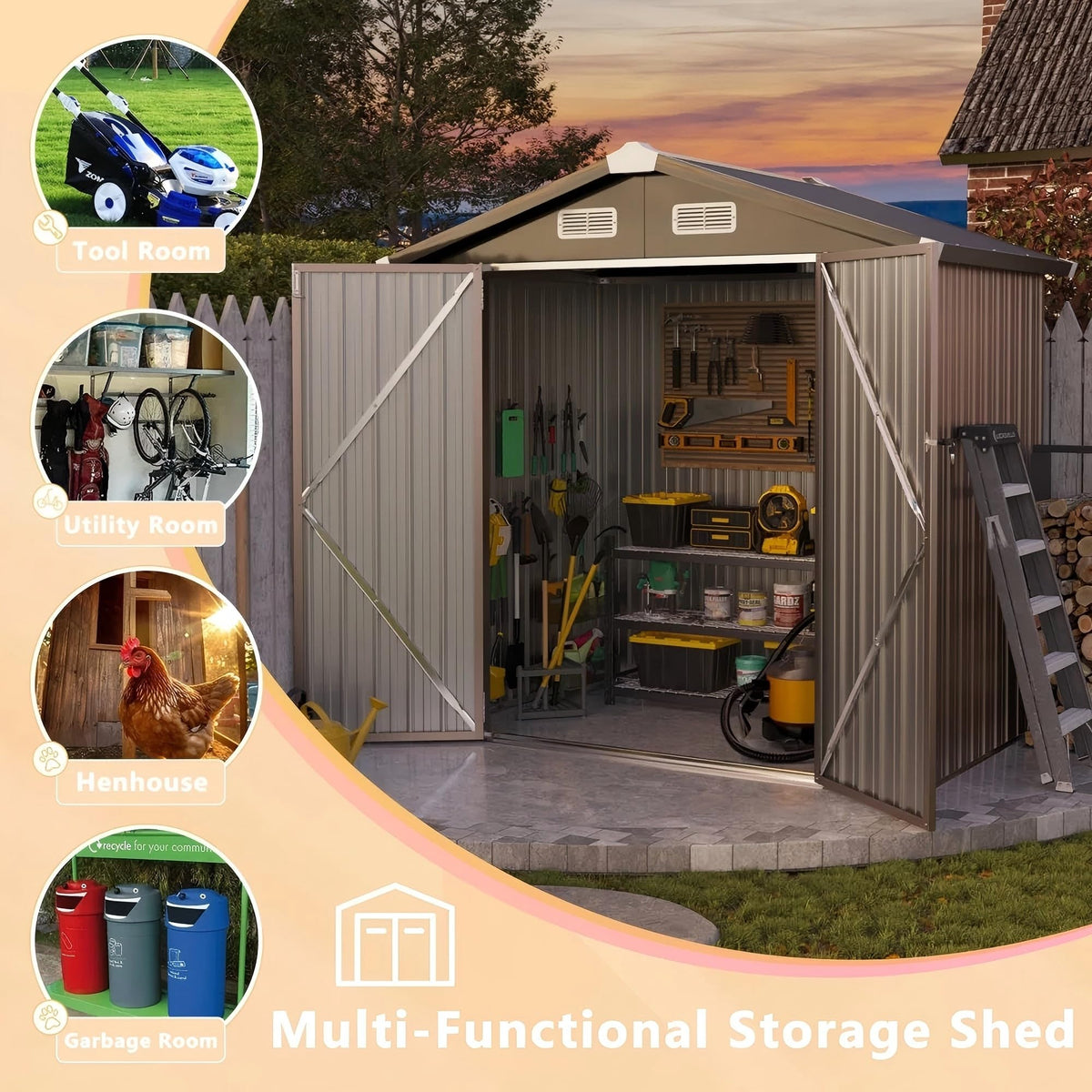 GVDV 10x14 FT Outdoor Metal Storage Shed, Durable Garden Shed with Updated Frame Structure for Backyard, Patio, Tool Storage, All-Weather Shelter for