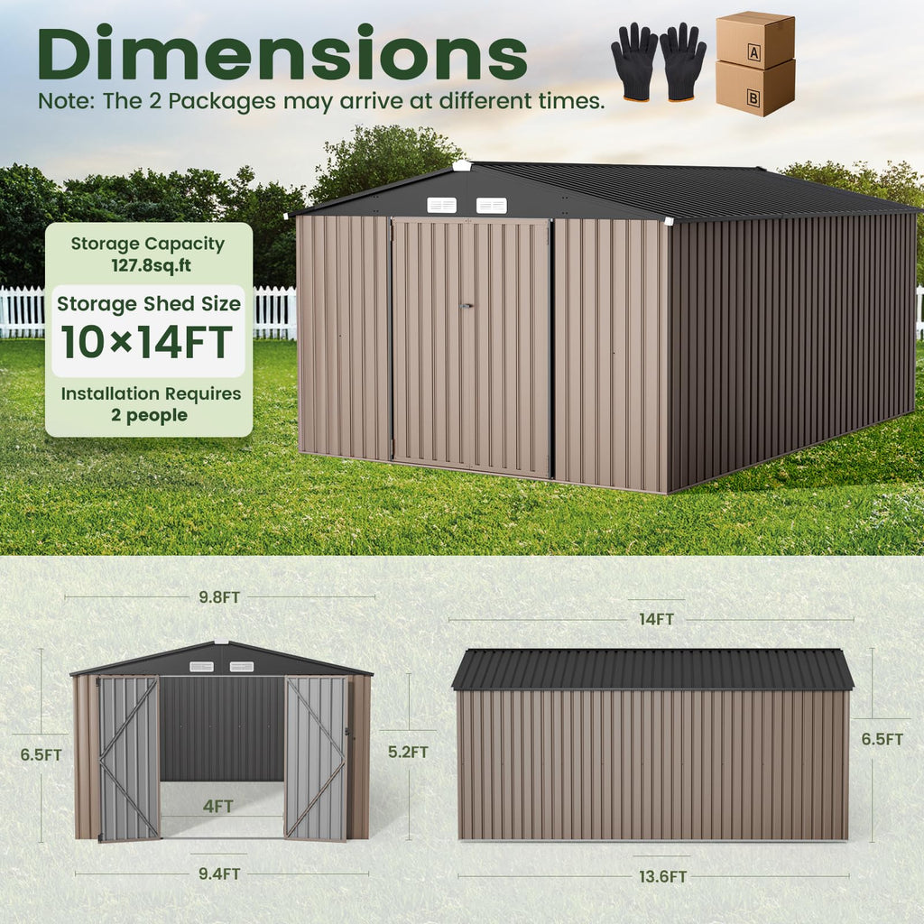 GVDV 10x14 FT Outdoor Metal Storage Shed, Durable Garden Shed with Updated Frame Structure for Backyard, Patio, Tool Storage, All-Weather Shelter for