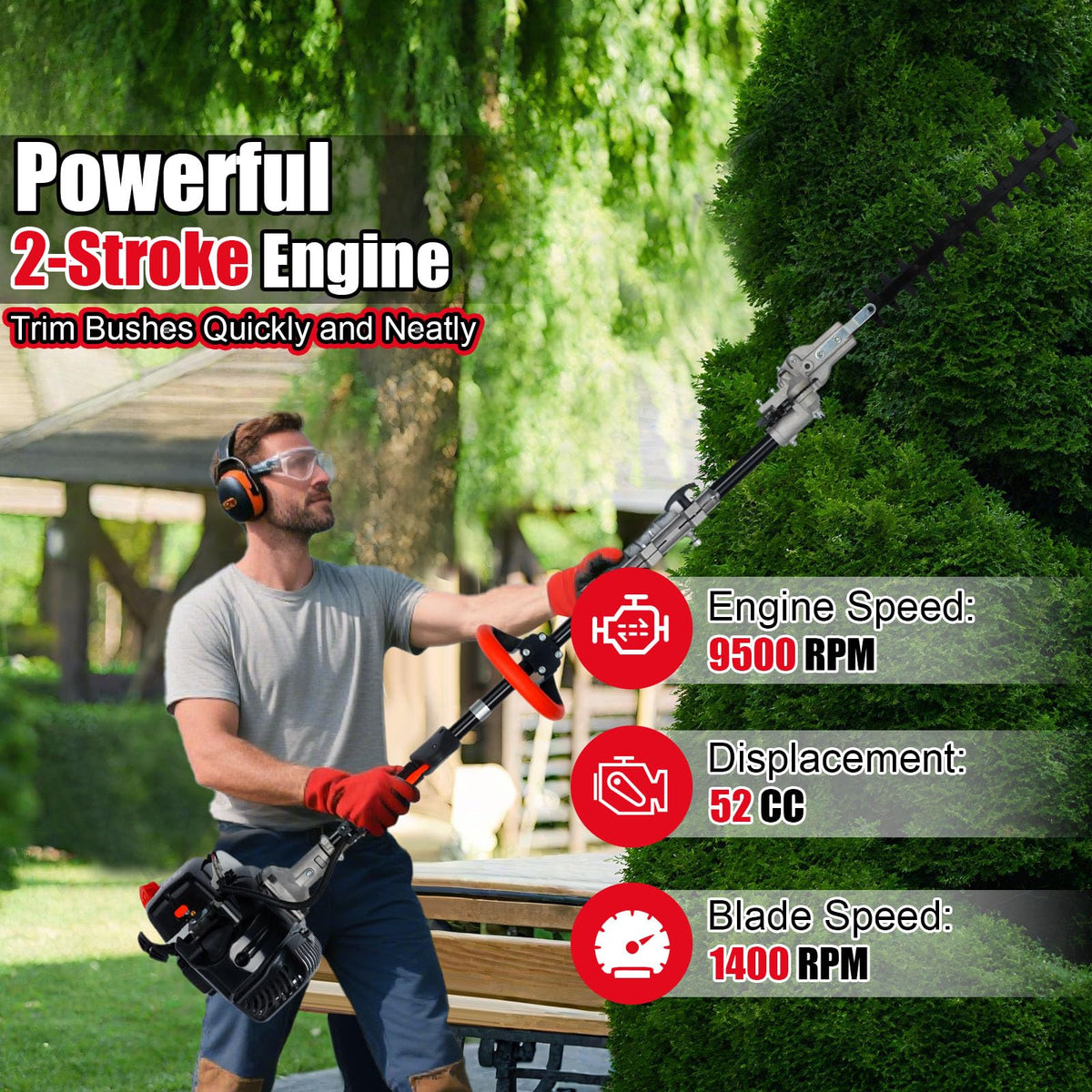 6-in-1 Gas Weed Wacker with Hedge Trimmer, 52CC 2-Stroke String Trimmer/Weed Trimmer/Brush Cutter/Edger, Weed Eater Gas Powered with Extension Pole C