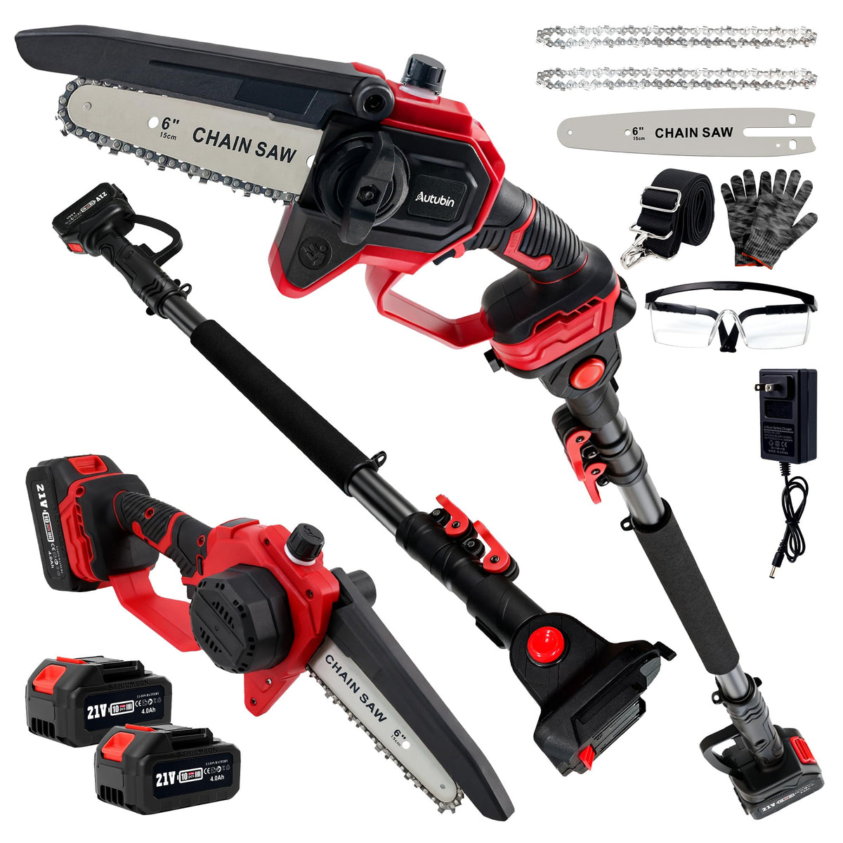 2-in-1 Cordless Pole Saw & 8'' Mini Chainsaw,Forest Ranger Approved Electric Handheld Chain Saw with 2 21V 4.0Ah Rechargeable Batterie&Charger, Auto