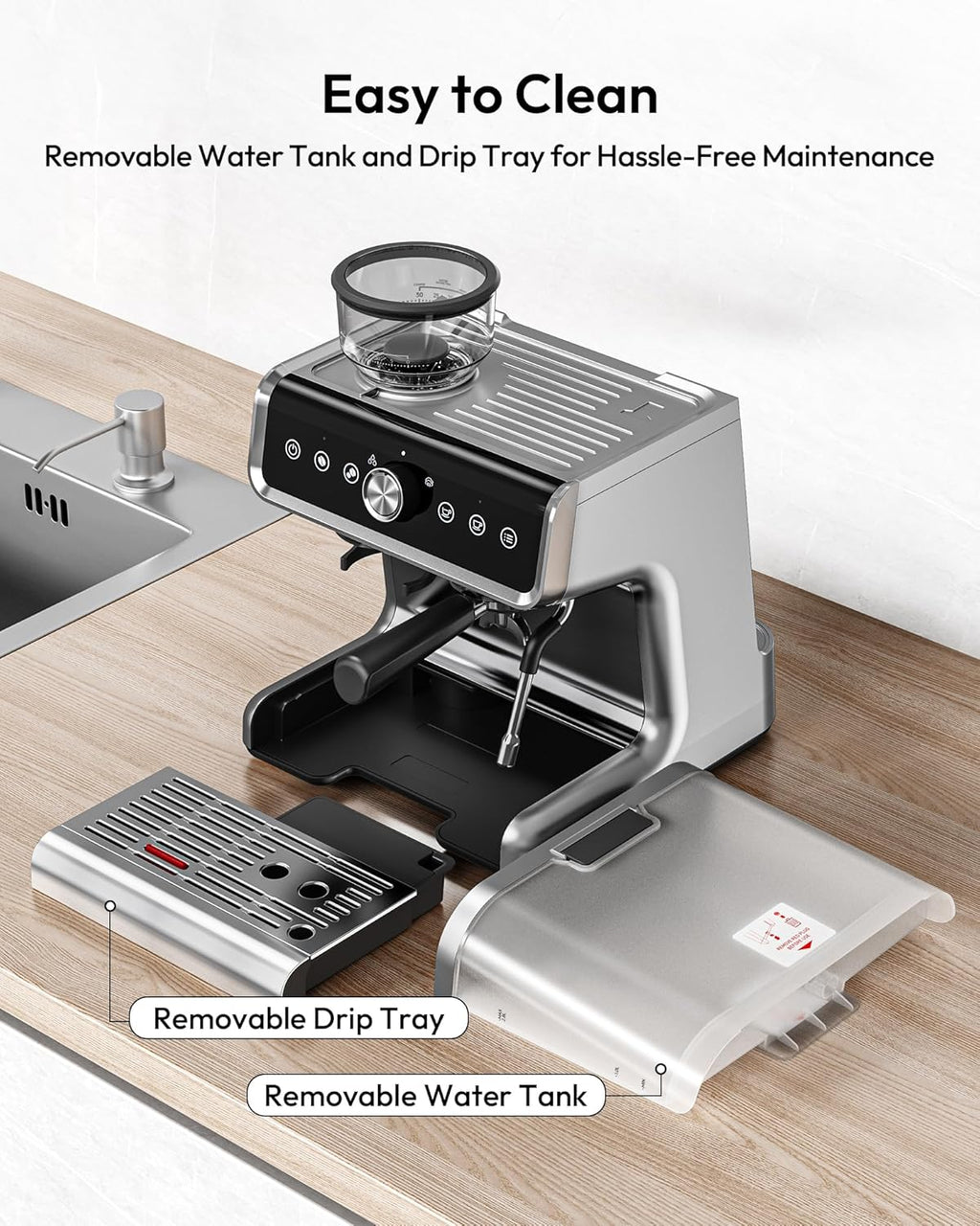 EUHOMY Espresso Machine with Grinder, 20 Bar Coffee Maker with Milk Frother Steam Wand, Professional Expresso Coffee Machines with Removable Water