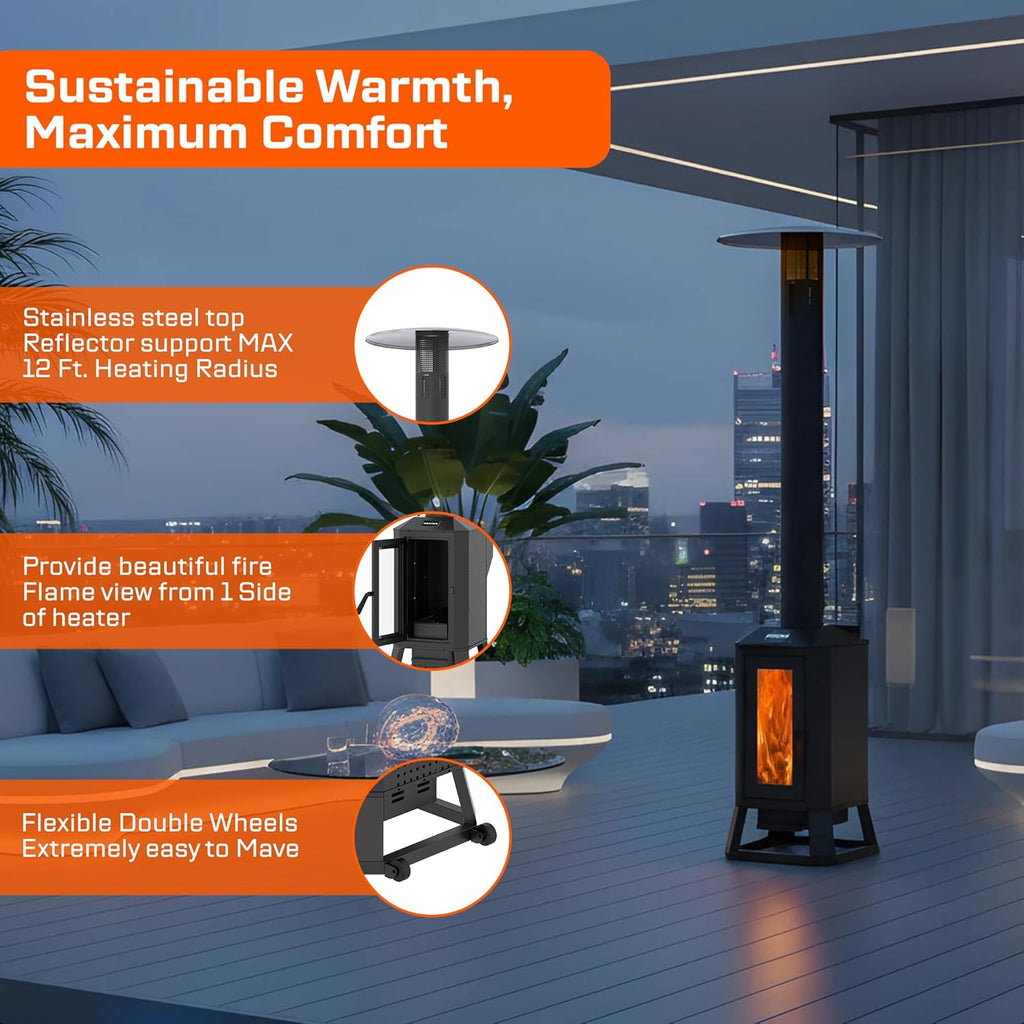 70,000 BTU Wood Pellet Outdoor Patio Heater with Glass Viewing Window C Pellet Heaters for Outdoor Use, Home, Gardens & Commercial - Portable with