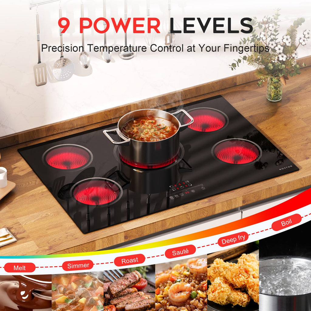 Noxton 30 Inch Electric Cooktop, 8400W 5 Burners Built-in Radiant Electric Stove Top, Slider Control, 9 Power Levels, Child Safety Lock, Timer, 220