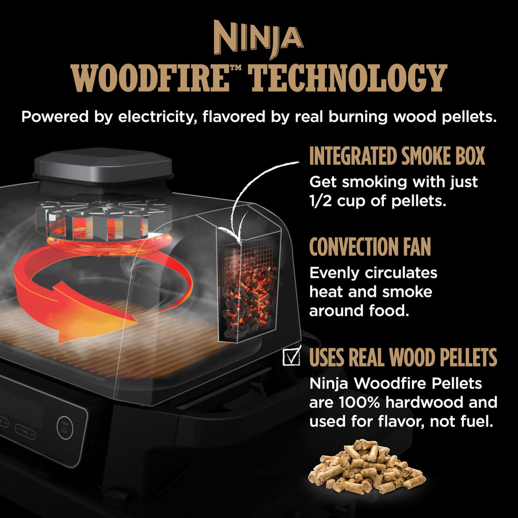 Ninja OG751 Woodfire Pro Outdoor Grill Built-In Thermometer,7-in-1 Master Grill,BBQ Smoker,& Outdoor Air Fryer Plus Bake,Roast,Dehydrate & Broil