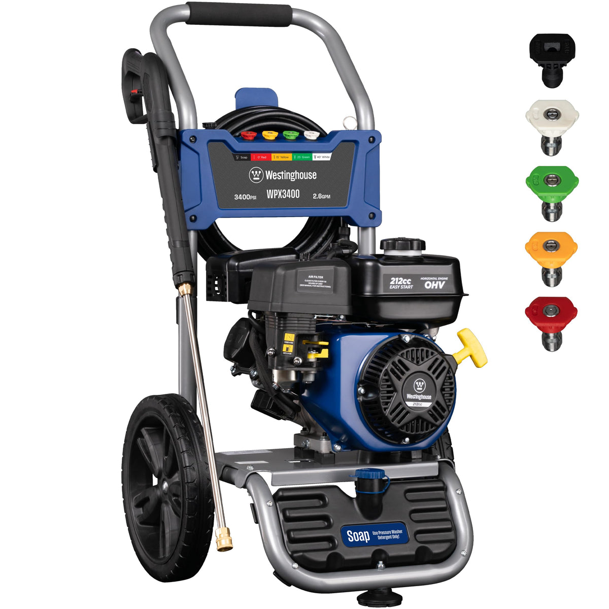 Westinghouse WPX3400 Gas Pressure Washer, 3400 PSI and 2.6 Max GPM, Onboard Soap Tank, Spray Gun and Wand, 5 Nozzle Set, for Cars/Fences/Driveways