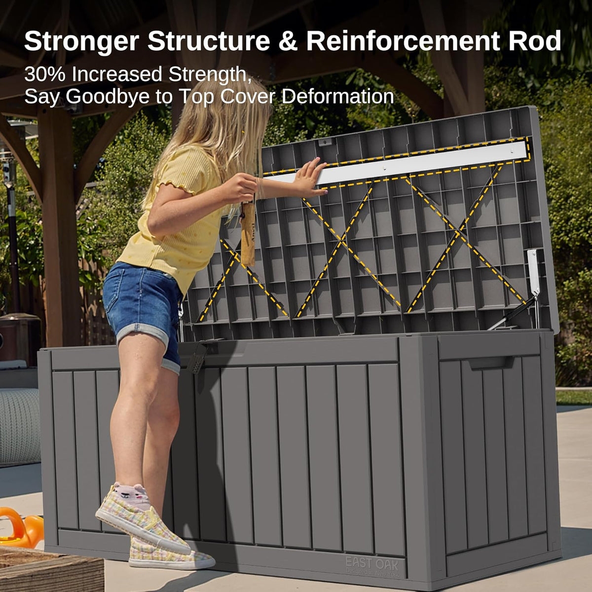 EAST OAK Outdoor Storage Box, 120 Gallon Deck Box with Stainless Steel Rods Large Resin Storage Bin for Patio Cushions, Garden Tools, Waterproof and