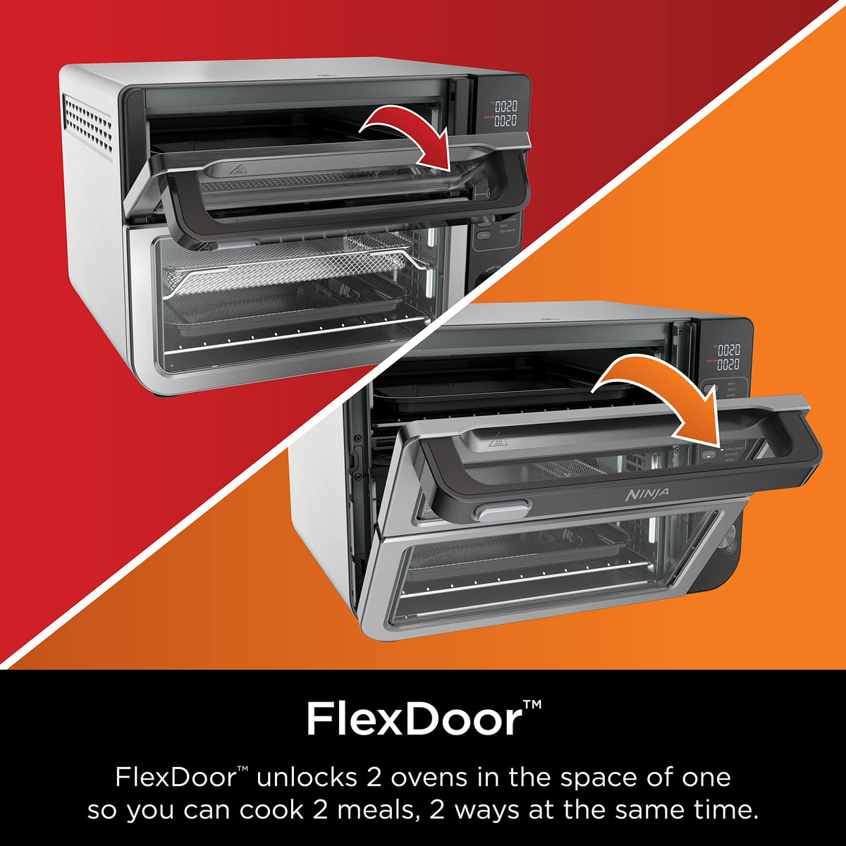 Ninja DCT451 12-in-1 Smart Double Oven with FlexDoor, Thermometer, FlavorSeal, Smart Finish, Rapid Top Convection and Air Fry Bottom , Stainless Steel